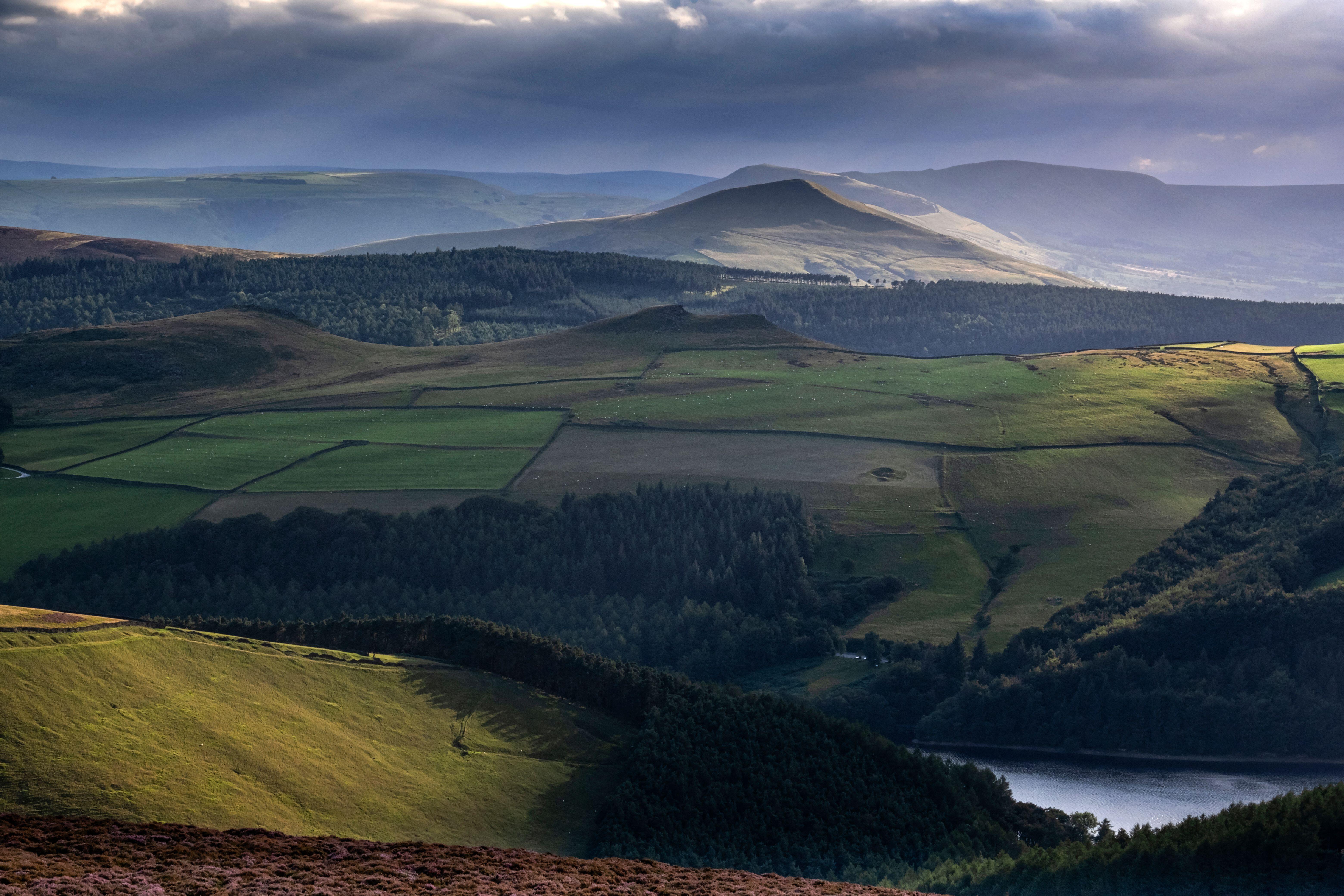 Distant Kinder Scout over Ladybower Reservoir from Derwent Edge, Peak District National Park, Derbyshire, England, UK