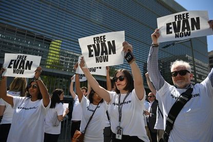 The Independent Association of Publishers’ Employees and Wall Street Journal journalists rally in Washington, DC, on April 12, 2023, calling for the release of Wall Street Journal reporter Evan Gershkovich, who has been held in Russia since March 29.