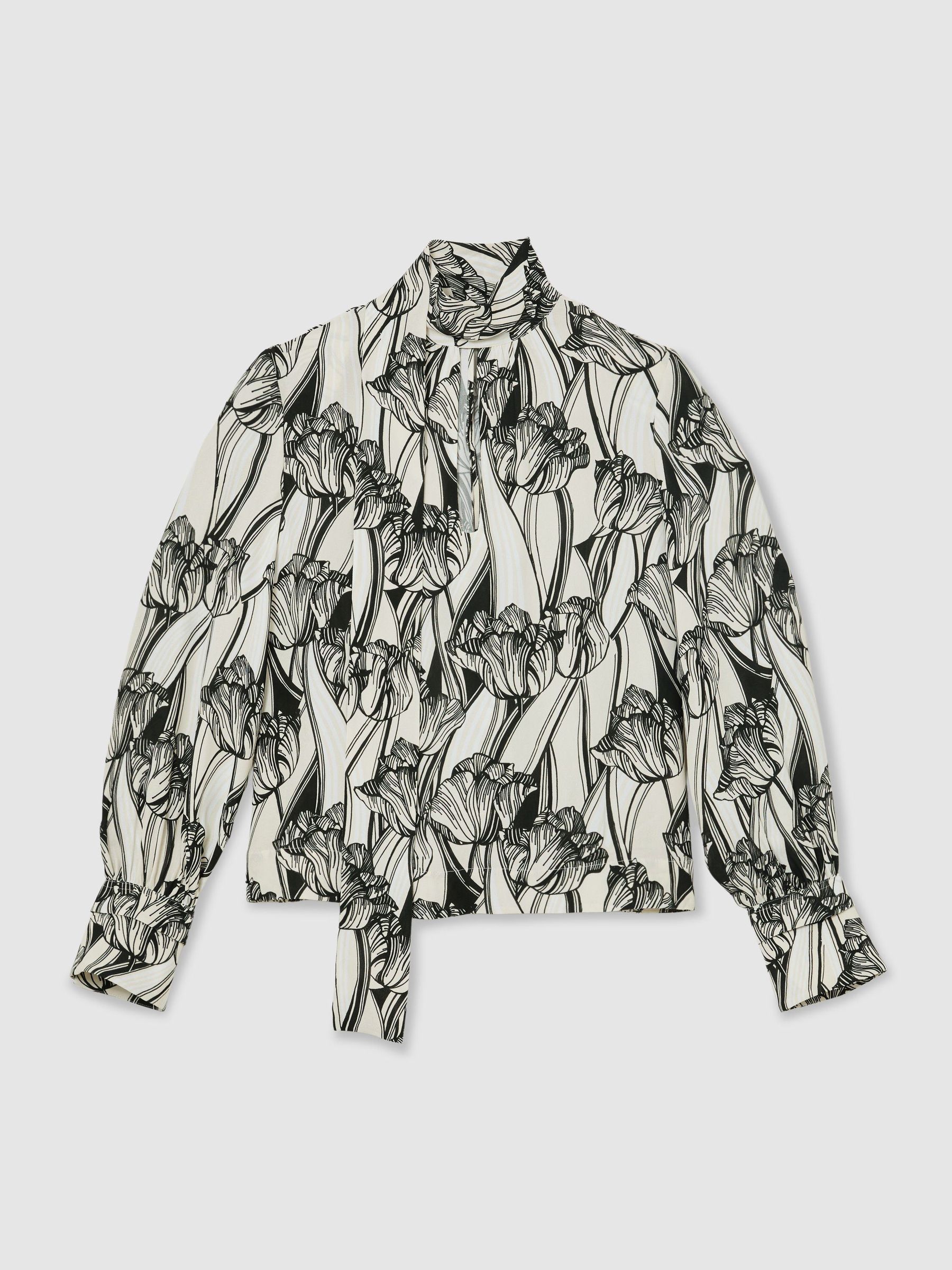 Floral-Print Tie-Neck Blouse in Black/white - Size 4