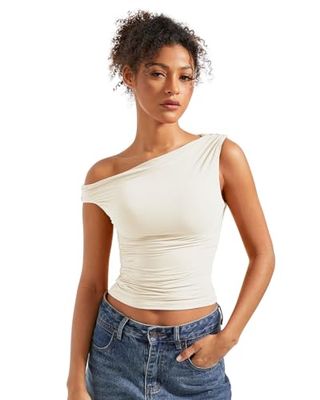 Suuksess Women Off Shoulder Tops Sleeveless Shirts Y2k Trendy Going Out Crop Tank Top (white,s)