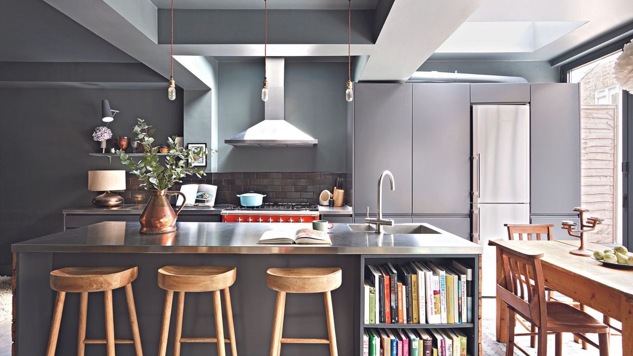 Dark gray fitted kitchen, island unit