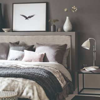 A dark-painted bedroom with a layered bed