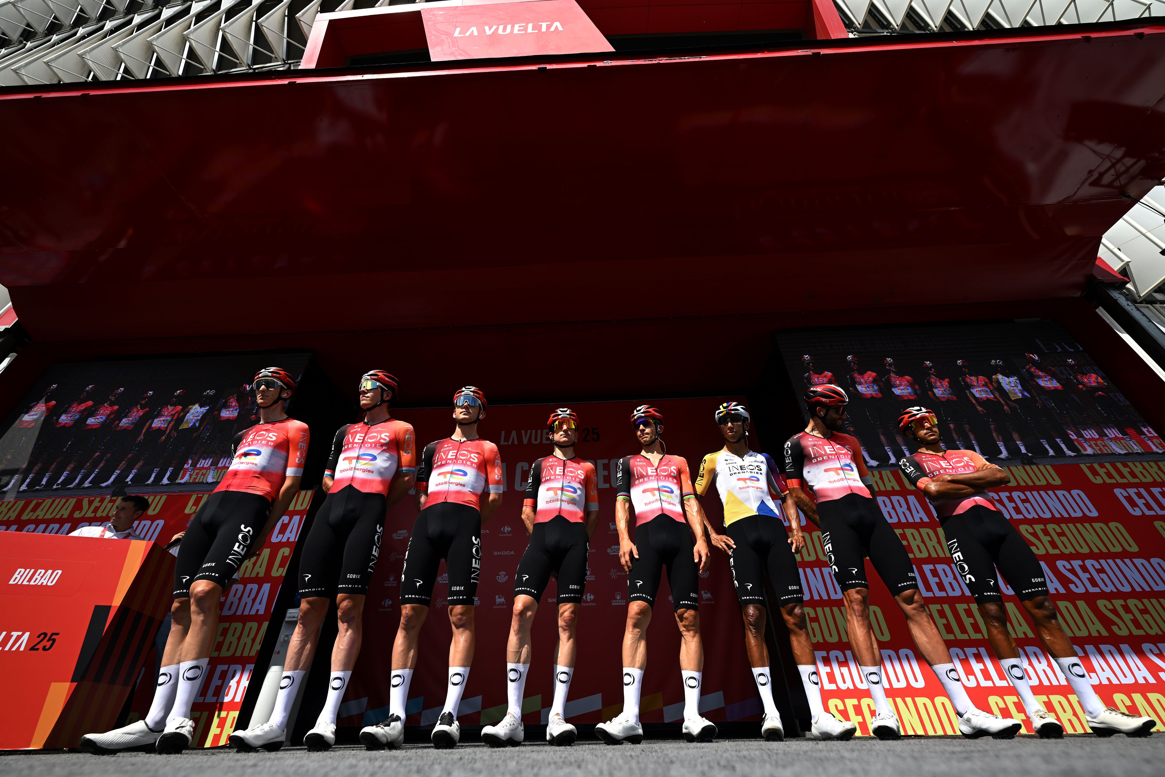 Ineos Grenadiers at sign on for stage 12 of La Vuelta 2025.