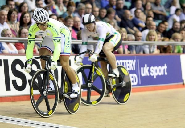 Micha&euml;l D'Almeida (France - US Creteil) track stands to try to force Austria's Shane Perkins to the front in the men's sprint QF