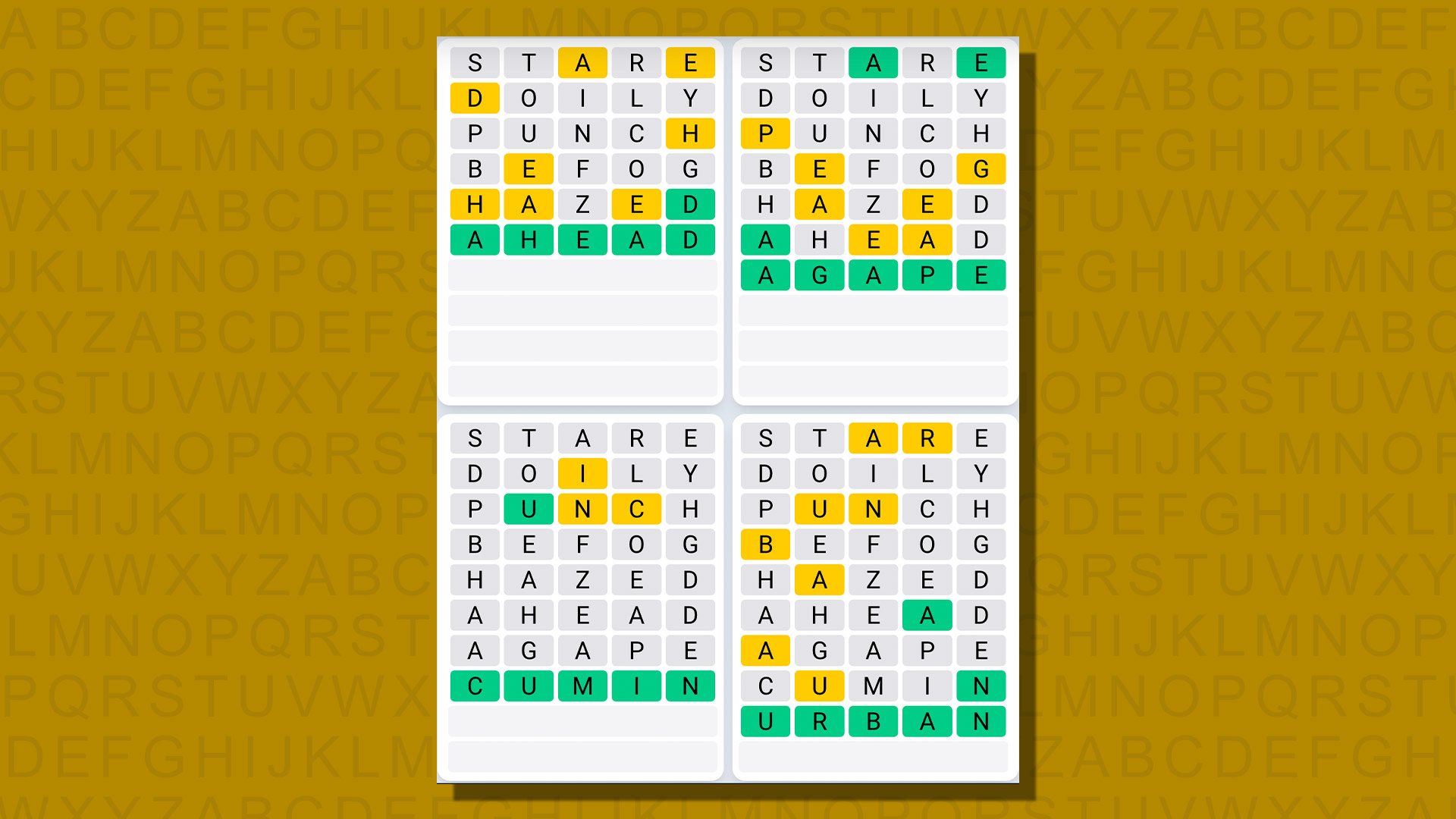 Quordle daily sequence answers for game 720 on a yellow background