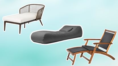 Three lounge chairs on pastel blue background