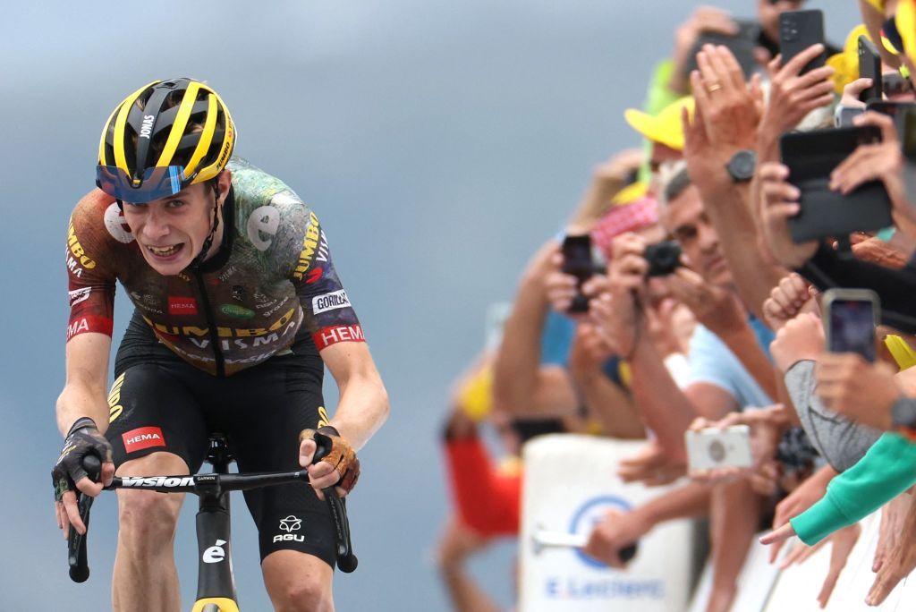 JumboVisma teams Danish rider Jonas Vingegaard cycles to the finish line to win the 11th stage of the 109th edition of the Tour de France cycling race 1517 km between Albertville and Col du Granon Serre Chevalier in the French Alps on July 13 2022 Photo by Thomas SAMSON AFP Photo by THOMAS SAMSONAFP via Getty Images