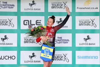 Jo Tindley (Pro-Noctis-200° Coffee-Hargreaves Contracting) celebrates at podium as most combative rider prize winner for stage 3