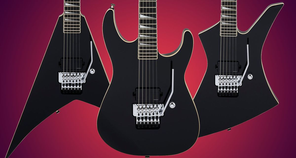 Jackson Pro Seris Pure Metal Limited Edition: The Californian high-performance guitar brand&#039;s three new built-for-metal Rhoads, Soloist and Kelly electric guitars, all finished in black with white binding, and photographed in front of a red gradient background