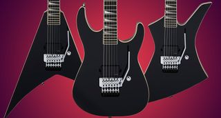 Jackson Pro Seris Pure Metal Limited Edition: The Californian high-performance guitar brand's three new built-for-metal Rhoads, Soloist and Kelly electric guitars, all finished in black with white binding, and photographed in front of a red gradient background