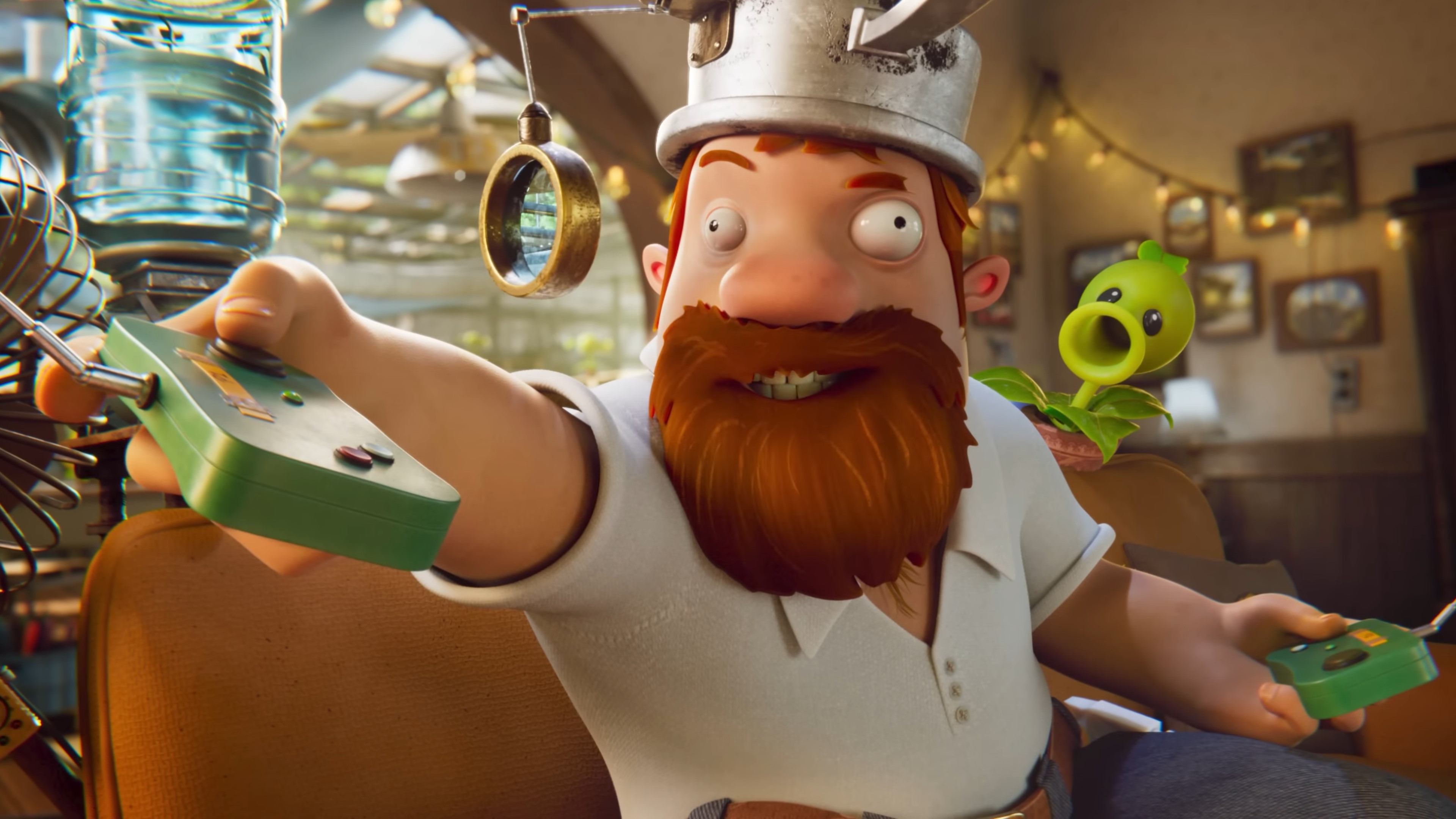 Crazy Dave and a Peashooter in Plants vs Zombies: Remastered trailer