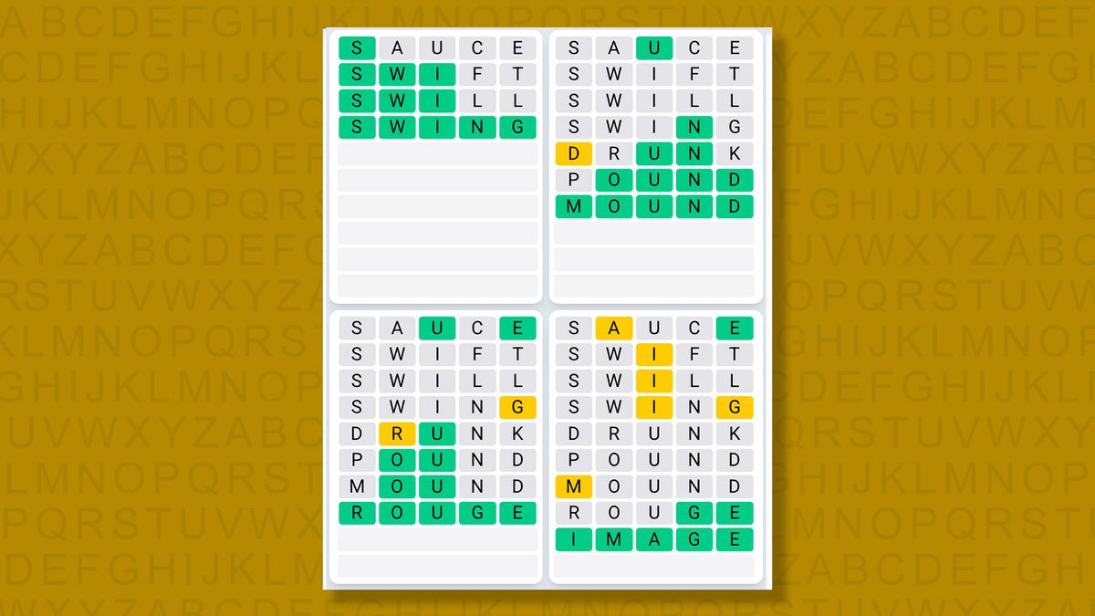 Quordle Daily Sequence answers for game 1484 on a yellow background