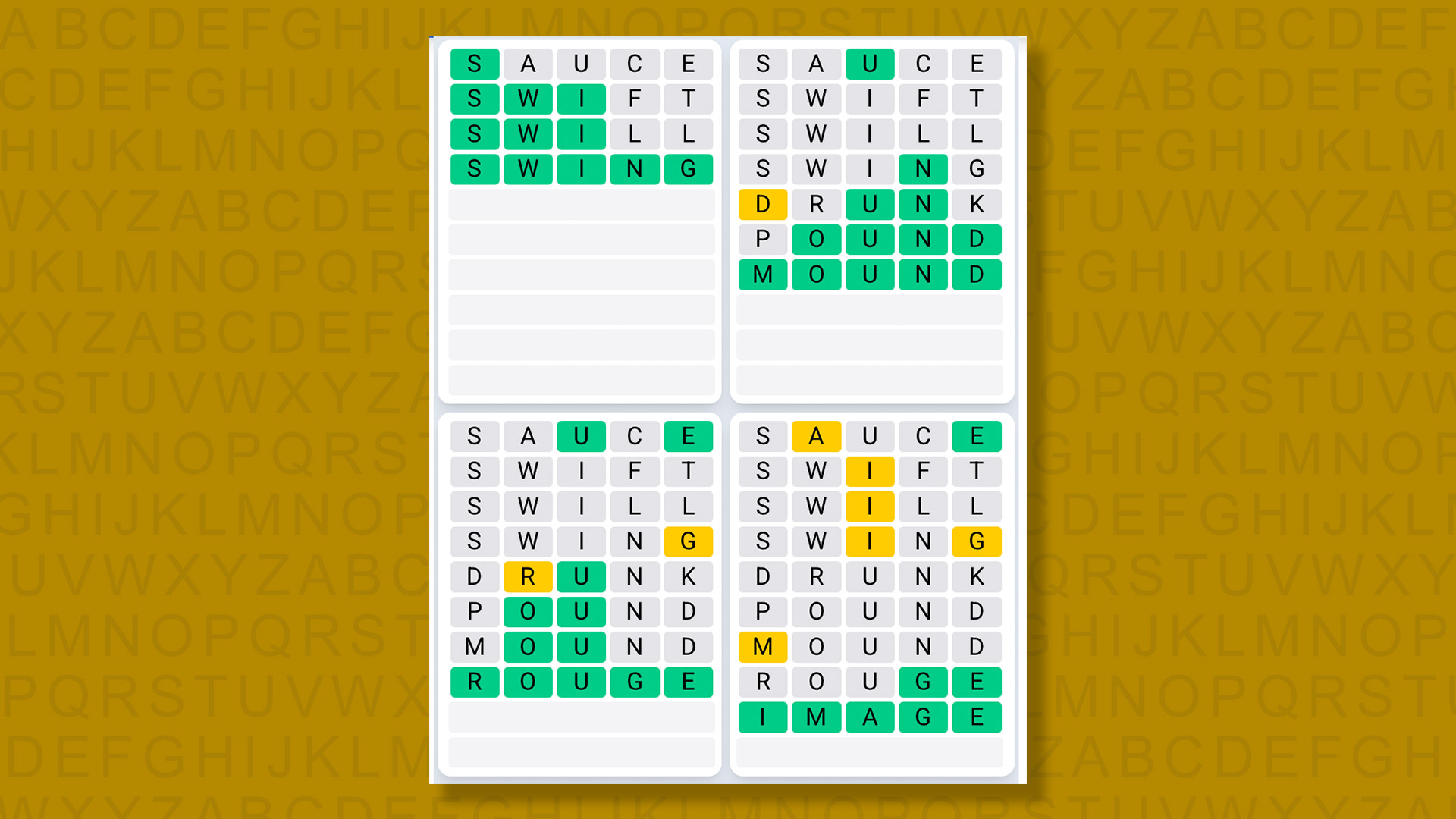 Quordle Daily Sequence answers for game 1484 on a yellow background