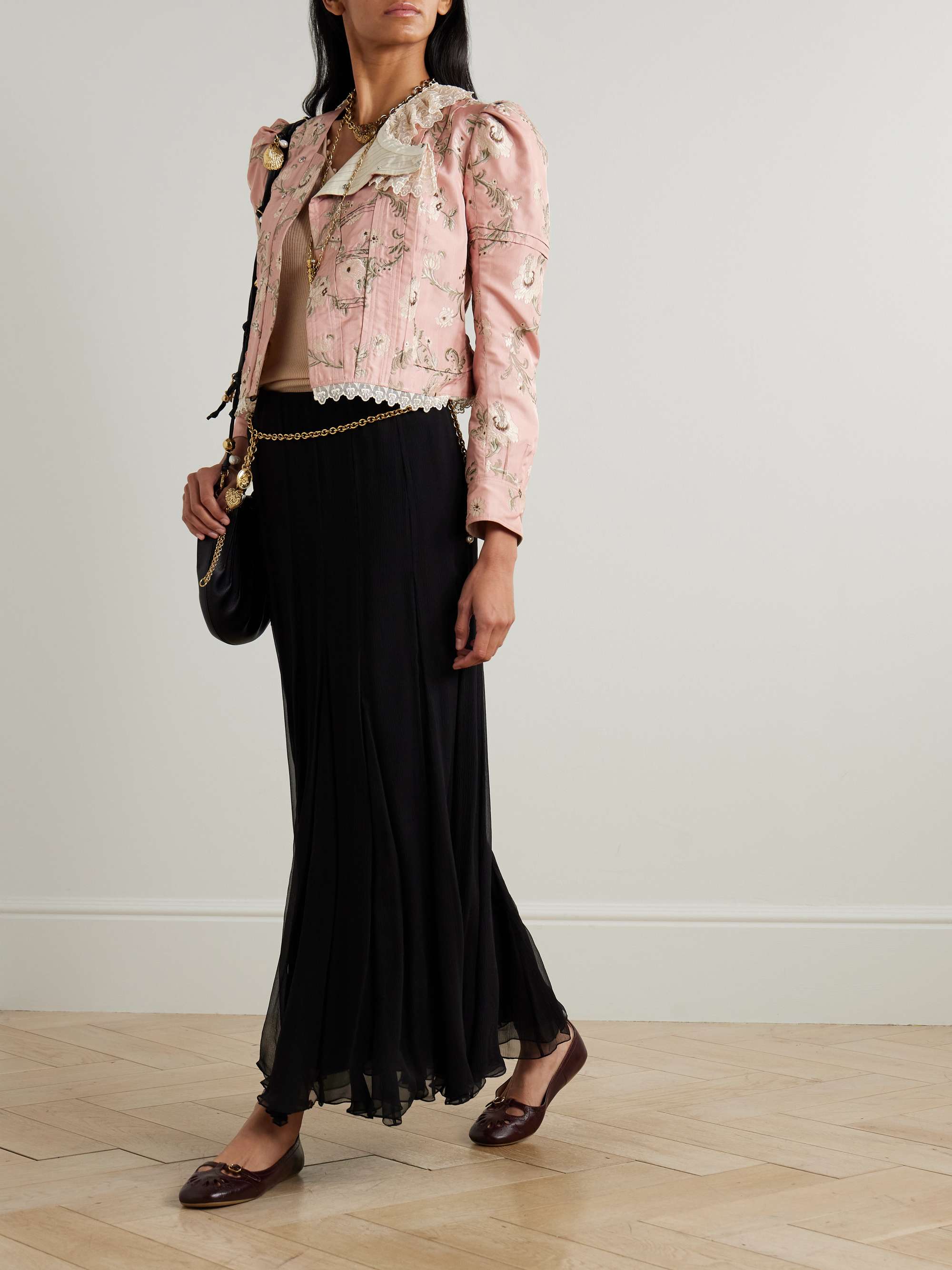 Cropped Lace-Trimmed Silk-Blend Taffeta-Jacquard Jacket