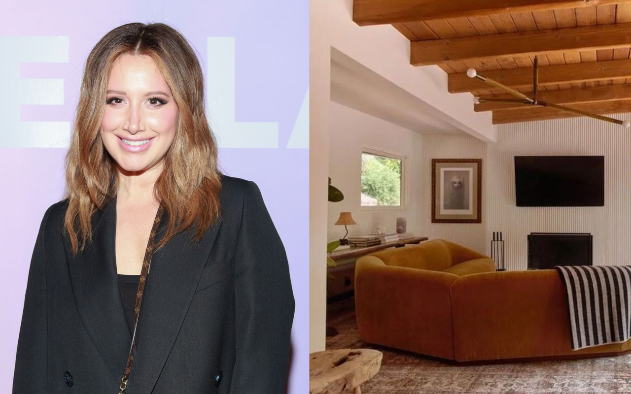 A split screen showing a headshot of Ashley Tisdale looking at the camera and a Mid-Century style home with an orange sofa, wooden ceilings, and white walls