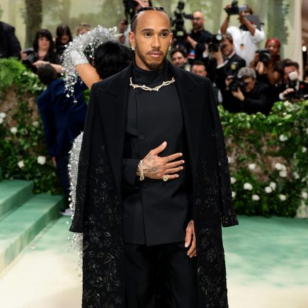 Lewis Hamilton wearing a black beaded Burberry suit at the Met Gala.