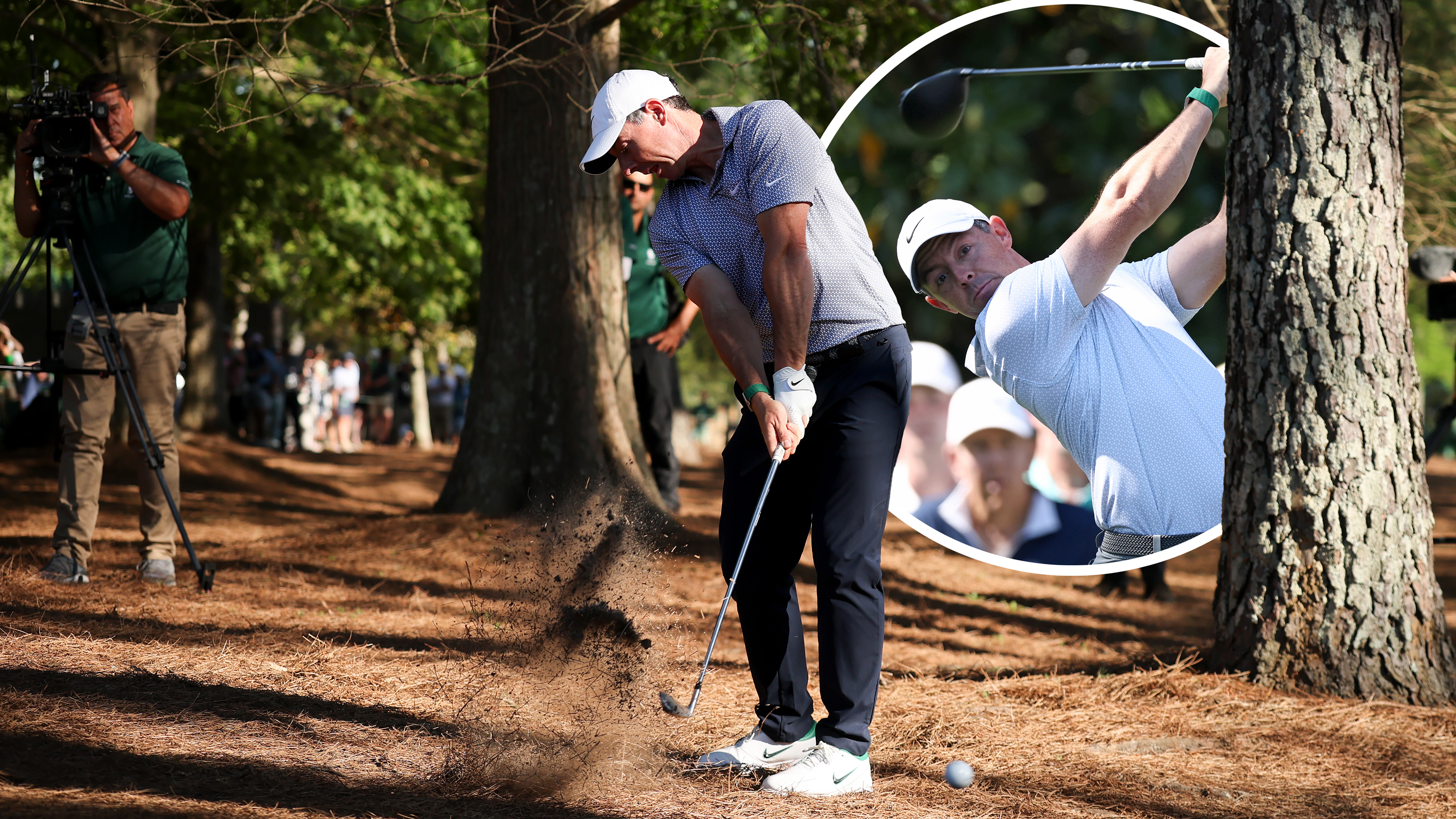 Rory McIlroy hitting a shot from the pine straw under the trees at Augusta National during the 2026 Masters Tournament, with an inset image of Rory in the finish position with driver