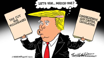 Political cartoon U.S. Trump tax cuts gun control
