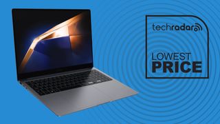 The Samsung Galaxy Book4 Pro laptop on a blue background.