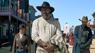 (L to R) REGINA KING as TRUDY SMITH, IDRIS ELBA as RUFUS BUCK, LAKEITH STANFIELD as CHEROKEE BILL in The Harder They Fall