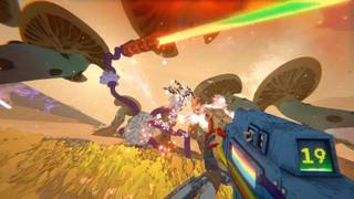 The player shoots at an enemy in a cel-shaded world with rainbows and towering mushrooms