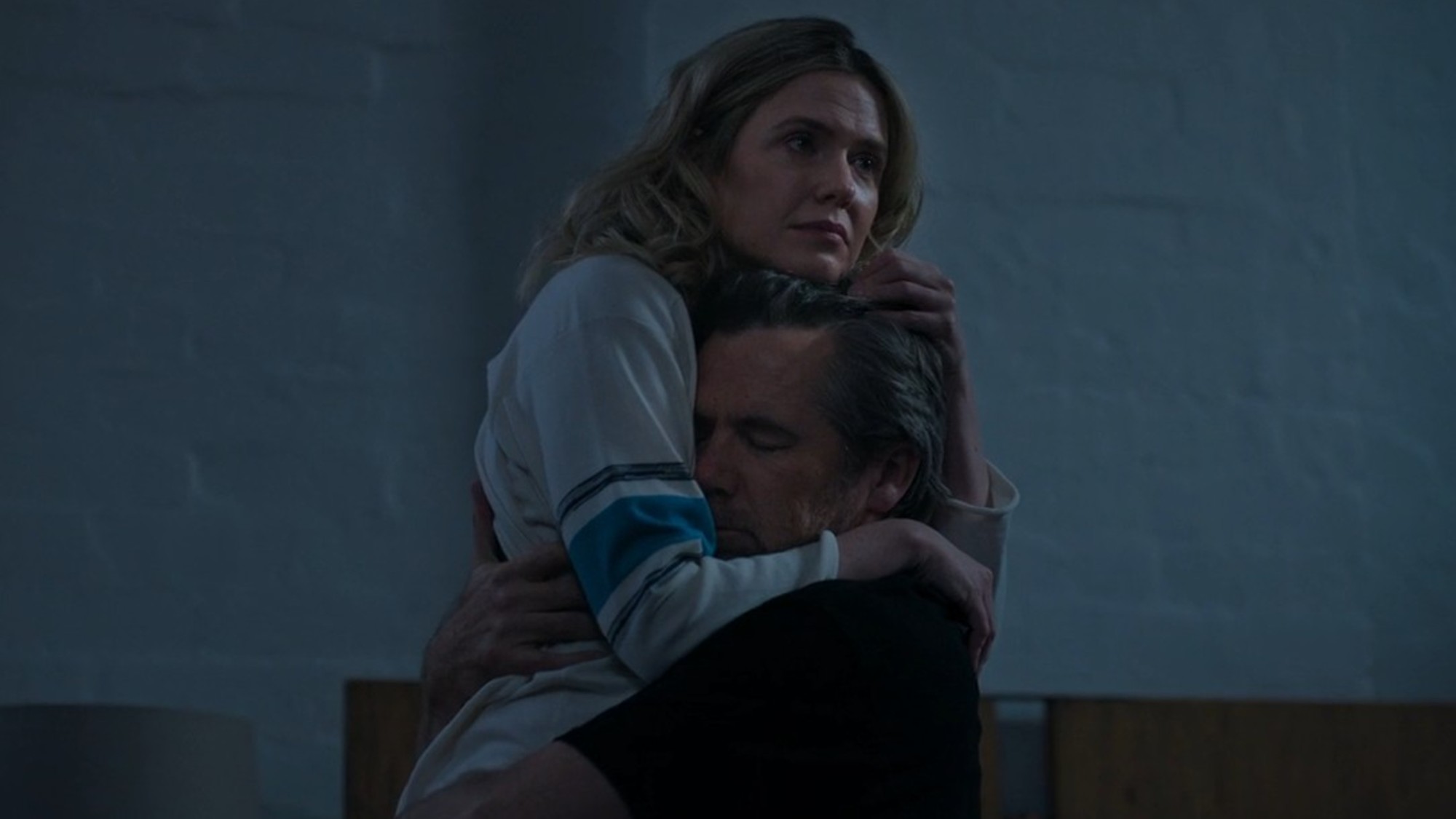Harriet Dyer and Patrick Brammall hugging in Colin from Accounts.