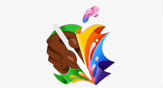 a gif for Apple's May iPad launch event showing a hand twirling an Apple Pencil amid the colorful Apple logo