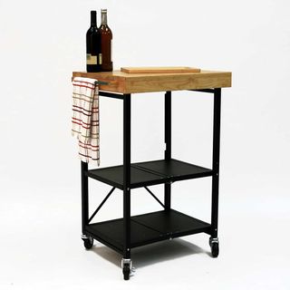 Black pizza oven table with wooden top
