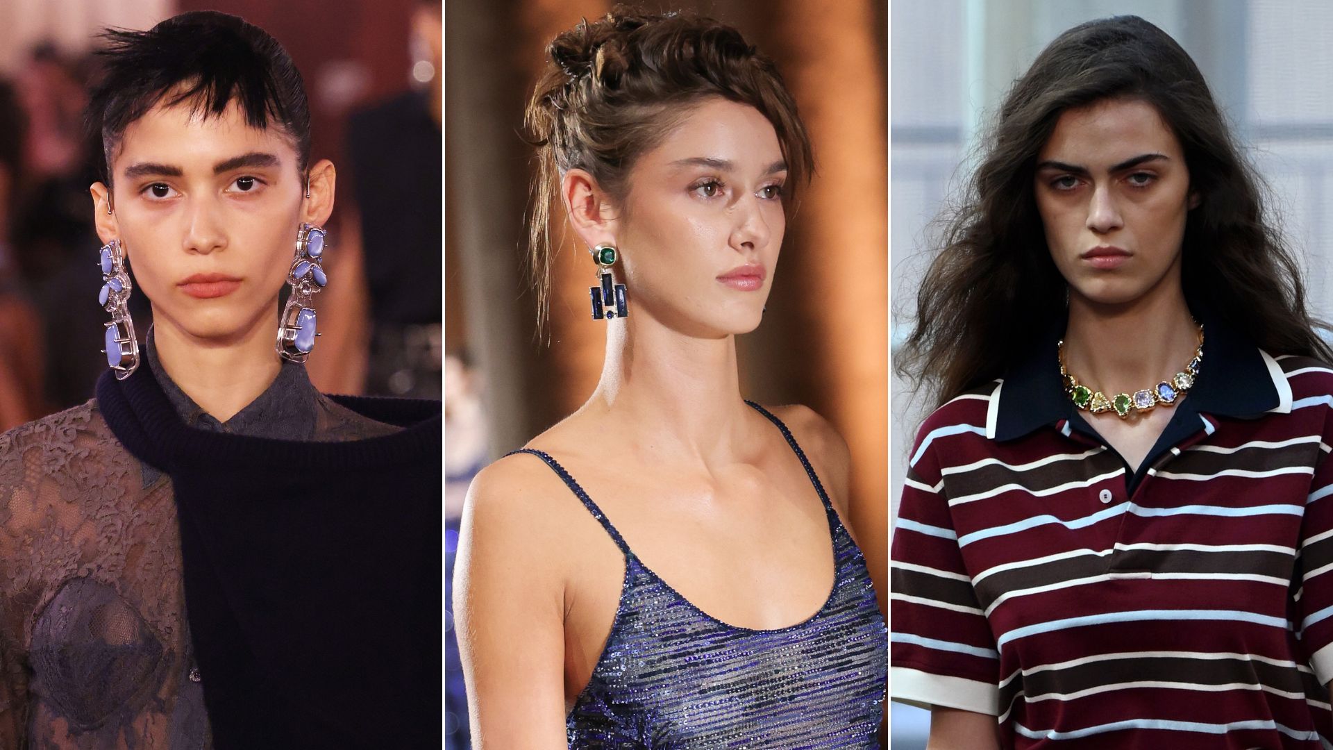 Three models wear different types of gemstone jewellery for spring/summer 2026