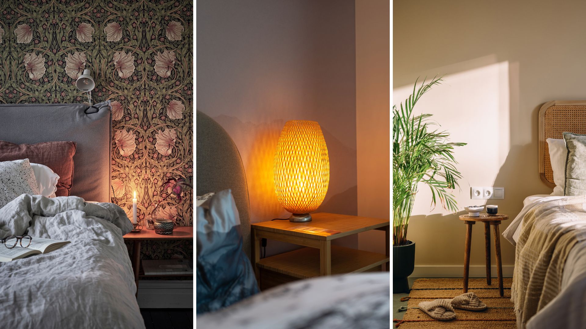  composite of three different bedrooms with cosy lighting and rugs featured