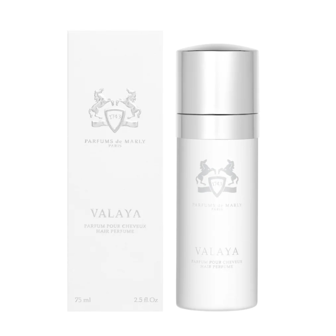 A product shot of the Parfums de Marly Valaya Hair Mist and its box, on a white background