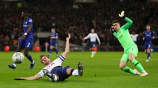 Tottenham striker Harry Kane was brought down by Chelsea goalkeeper Kepa Arrizabalaga