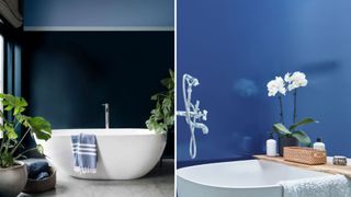 two bathroom images side by side to show key bathroom trends 2023 for use of blue colors