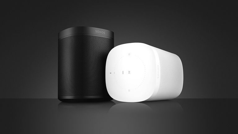 Sonos One in black and white, on black background