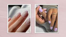 On the left, a close-up of a hand with pastel lilac French tip nails by nail artist Mateja Novakovic/@matejanova and on the right, a picture of hands with bright lilac nails created by nail artist Julia Diogo/ @paintedbyjools | both featured in a pastel purple template