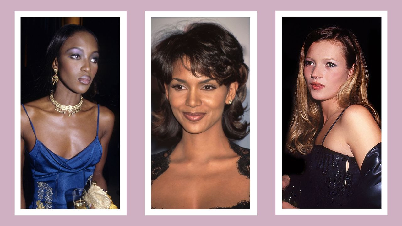 Naomi Campbell, Halle Berry and Kate Moss pictured with &#039;90s makeup looks/ in a purple template