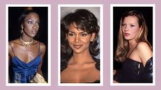 Naomi Campbell, Halle Berry and Kate Moss pictured with '90s makeup looks/ in a purple template