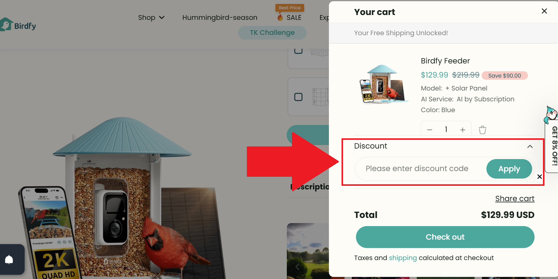 A screenshot of the Birdfy checkout page showing where to enter a Birdfy promo code