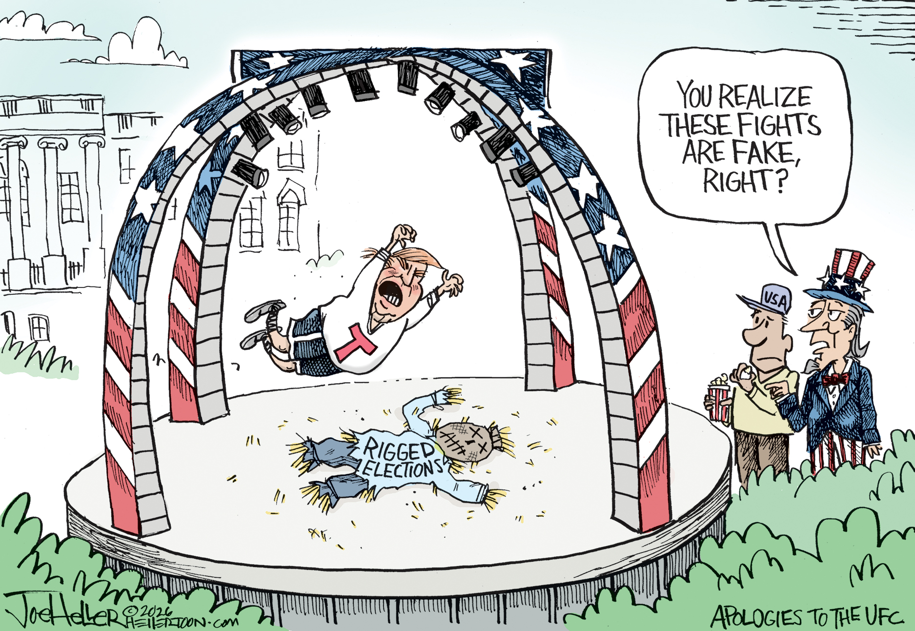 Donald Trump leaps onto a straw man labeled &amp;ldquo;Rigged Elections&amp;rdquo; in the cage set up in front of the White House. Uncle Sam speaks to a man watching and says, &amp;ldquo;You realize these fights are fake, right?&amp;rdquo;