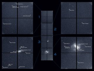 TESS captured this strip of stars and galaxies in the southern sky during one 30-minute period on Aug. 7, 2018. Created by combining the view from all four of its cameras, this is TESS’ "first light," from the first observing sector that will be used for identifying planets around other stars. Notable features in this swath of the southern sky include the Large and Small Magellanic Clouds and a globular cluster called NGC 104, also known as 47 Tucanae. The brightest stars in the image, Beta Gruis and R Doradus, saturated an entire column of camera detector pixels on the satellite's second and fourth cameras.