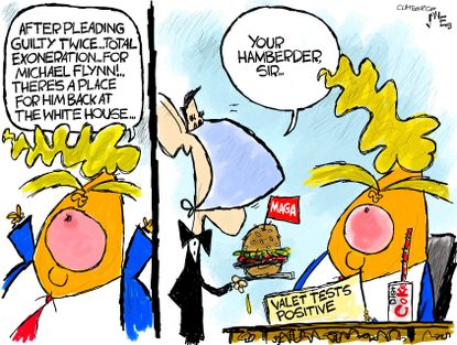 Political Cartoon U.S. Trump Flynn exoneration valet coronavirus