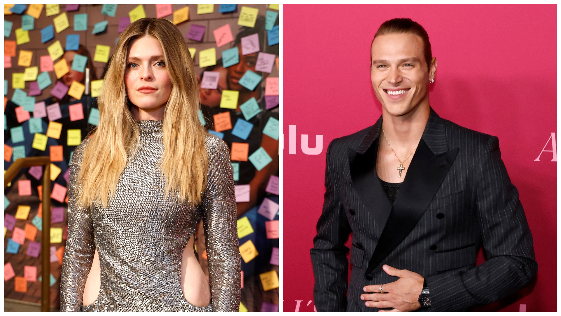 a split image of the stars of things we never got over including molly griggs posing on a carpet and matthew noszka posing on a carpet