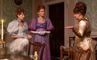 Harriet Cains as Philipa Featherington, Bessie Carter as Prudence Featherington, and Polly Walker as Lady Portia Featherington in Bridgerton season 3