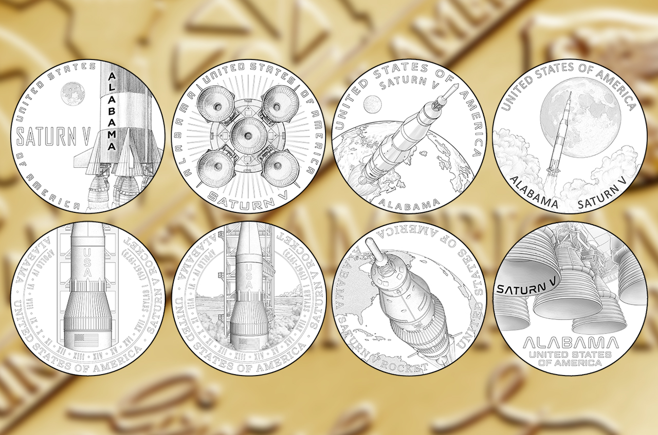 The eight candidate designs for Alabama's 2024 American Innovation $1 Coin honoring NASA's Saturn V rocket that were not chosen or preferred by the Commission of Fine Arts, Citizens Coinage Advisory Committee or the state's governor.