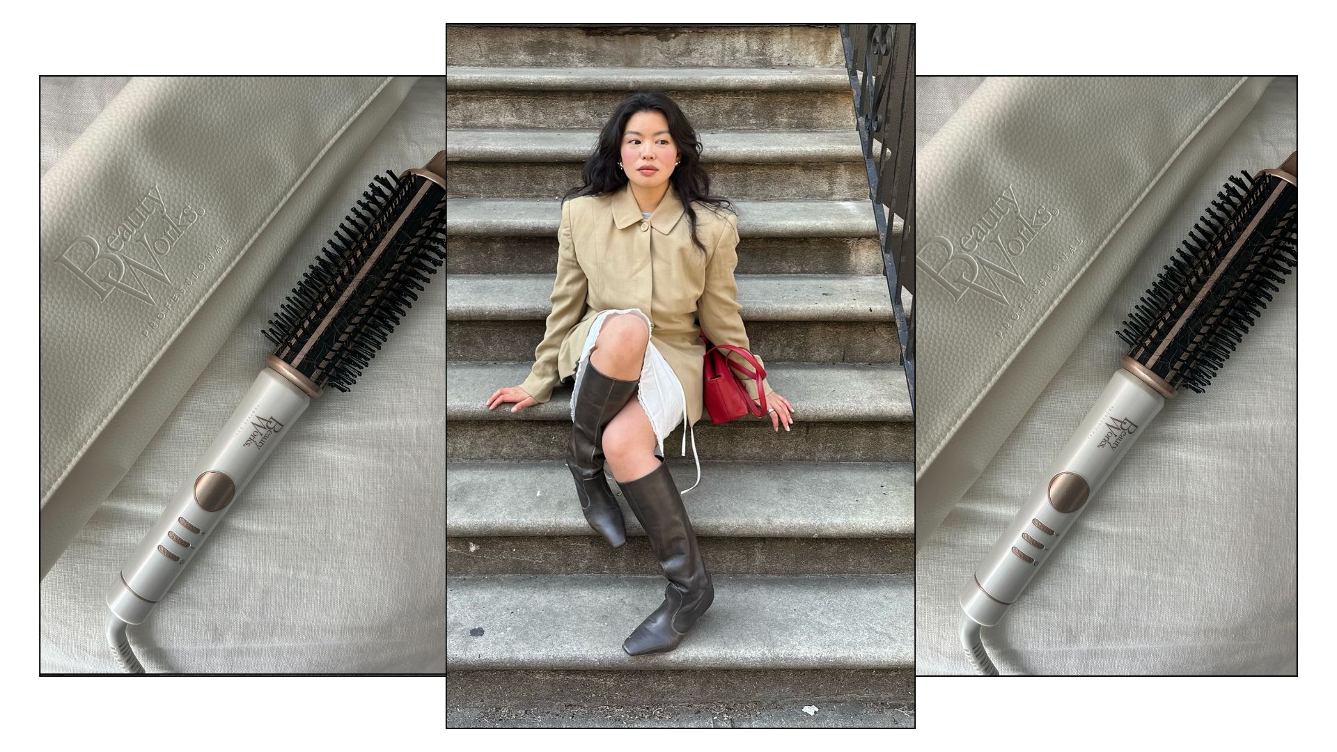 A picture of the Beauty Works hot brush and a woman sitting on the stairs of an apartment with a bouncy hairstyle