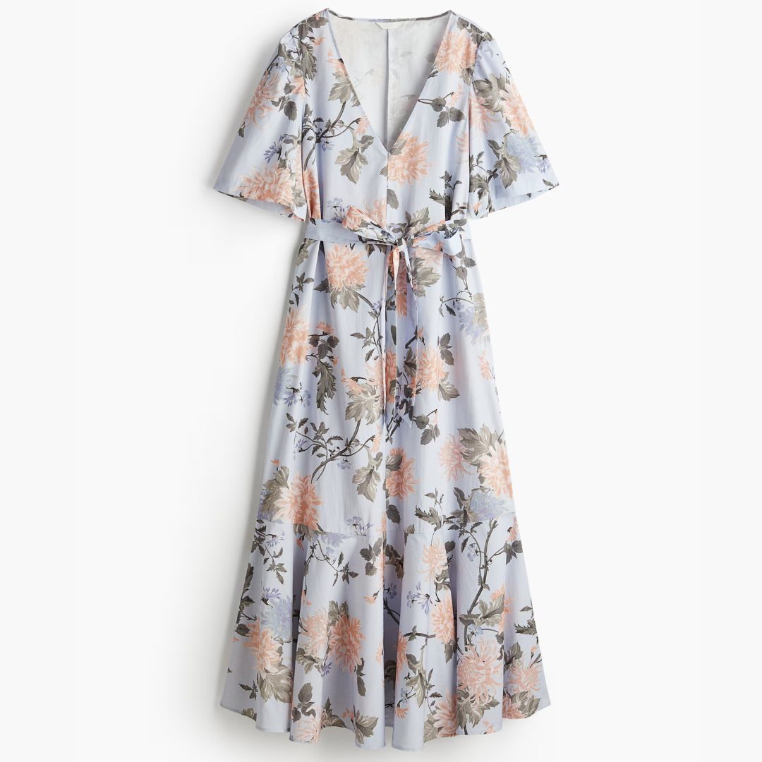 H&amp;amp;M Blue Floral Tie-Belt Midi-Length Dress