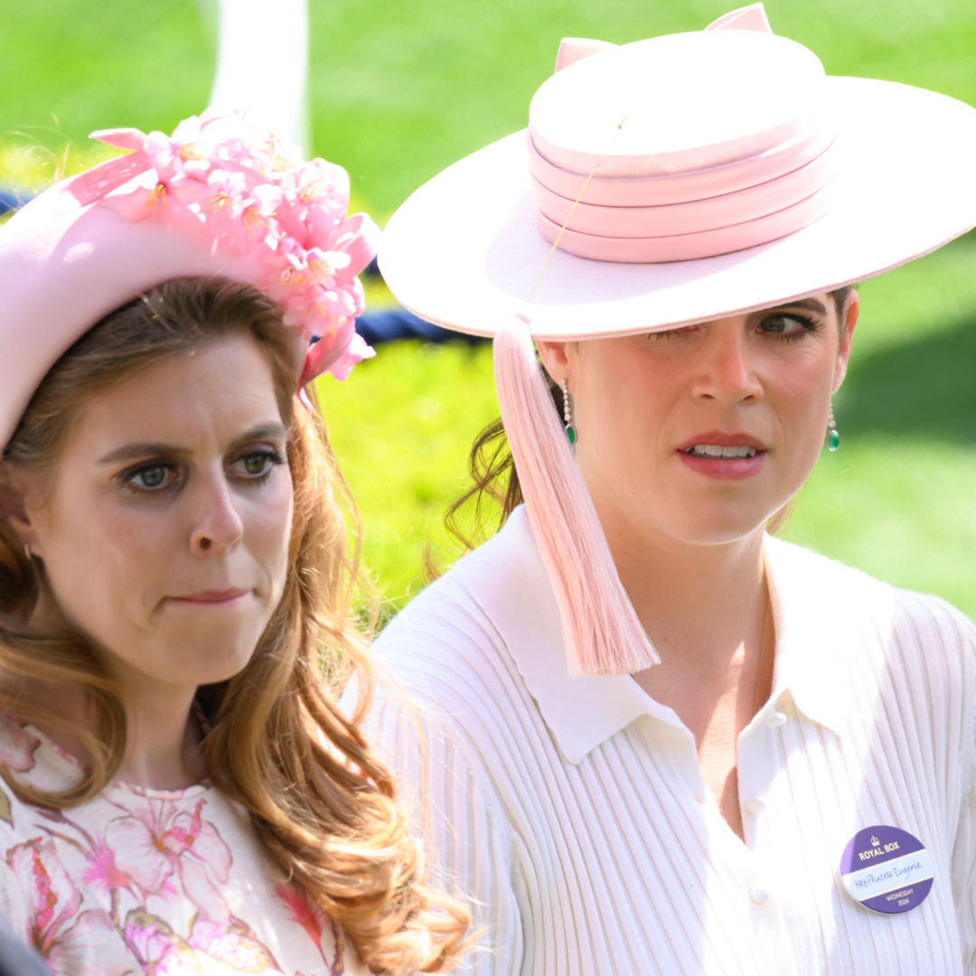 Princess Beatrice and Princess Eugenie in pink hats and dresses at Royal Ascot