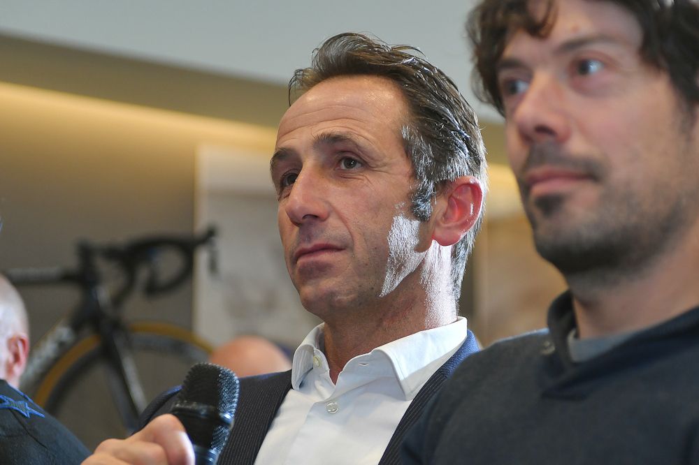 Andrea Tafi speaks at the Quick-Step press conference ahead of the 2018 Tour of Flanders