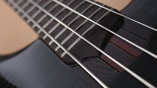 Close up of the strings on a four-string bass guitar