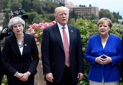 British Prime Minister Theresa May, U.S. President Donald Trump, German Chancellor Angela Merkel.